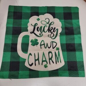 St. Patrick's Day Pillow Cover Green‎ Black Plaid Lucky Charm 18x18